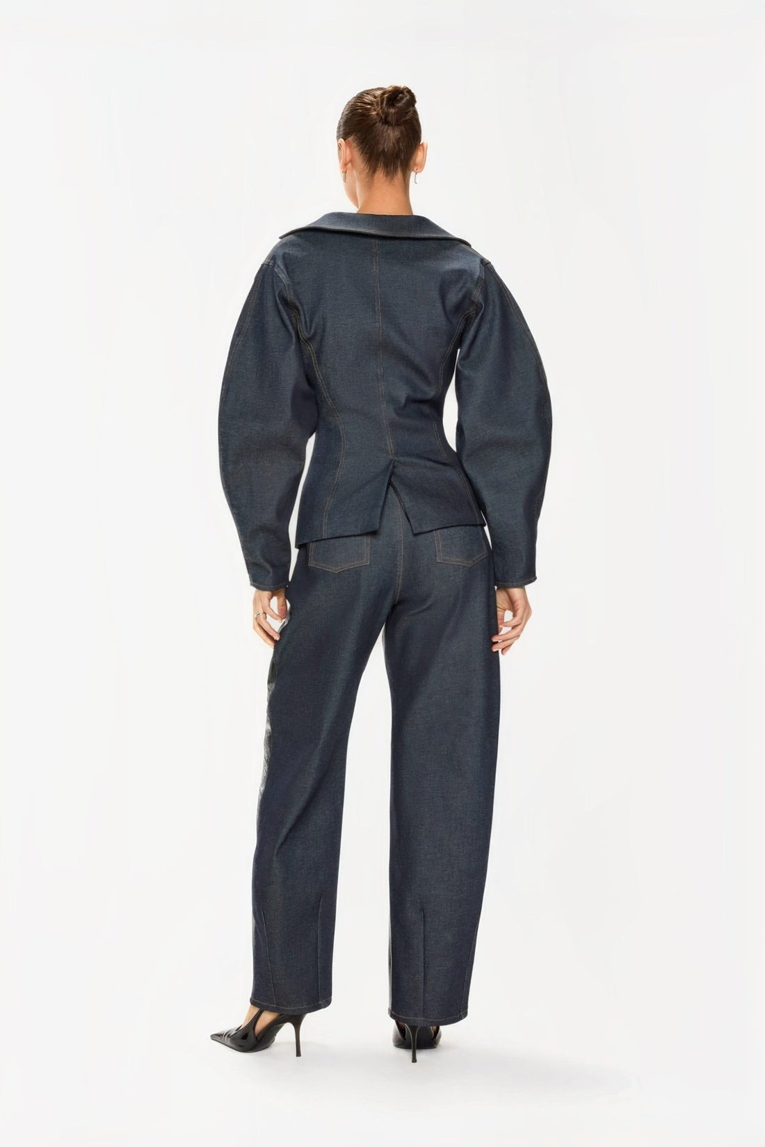 Foil Leather & Denim Barrel Pants - Jasmine Elaine