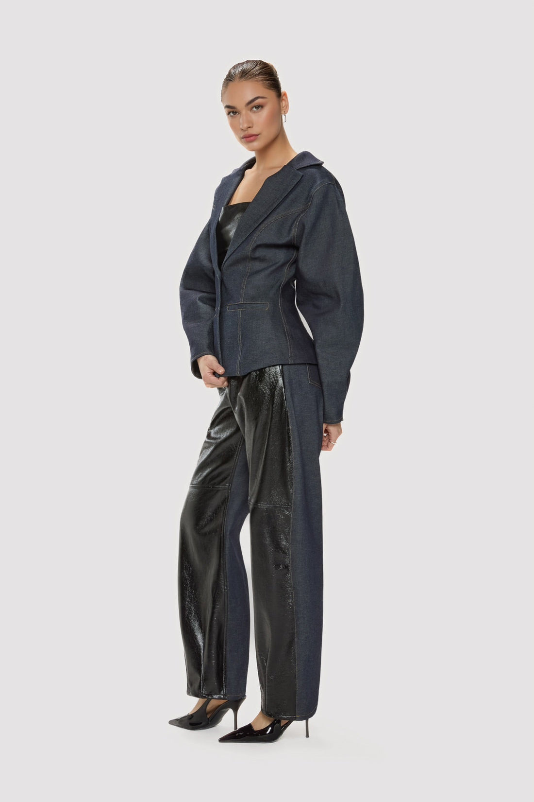 Foil Leather & Denim Barrel Pants - Jasmine Elaine