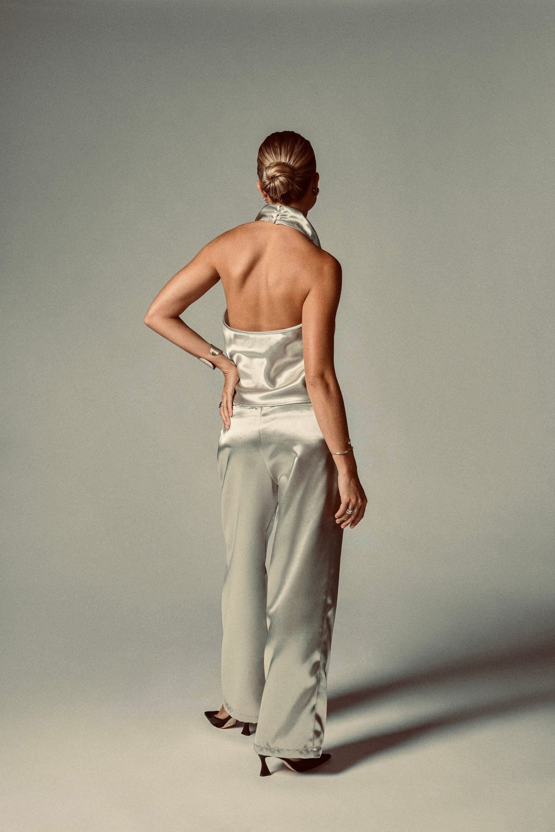 Metallic Twill Darted Welt Back Wide - Leg Pants - Jasmine Elaine